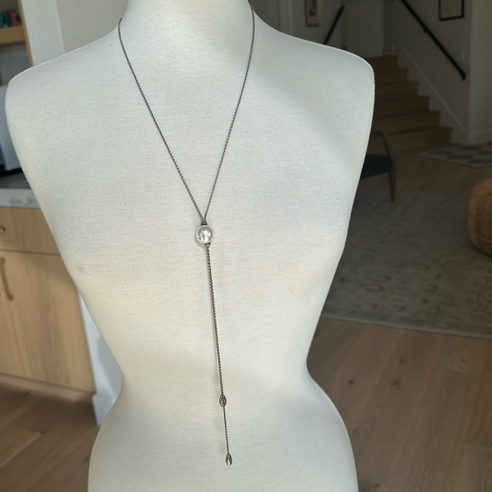 Silver Lariat Necklace with Pearl Accent
